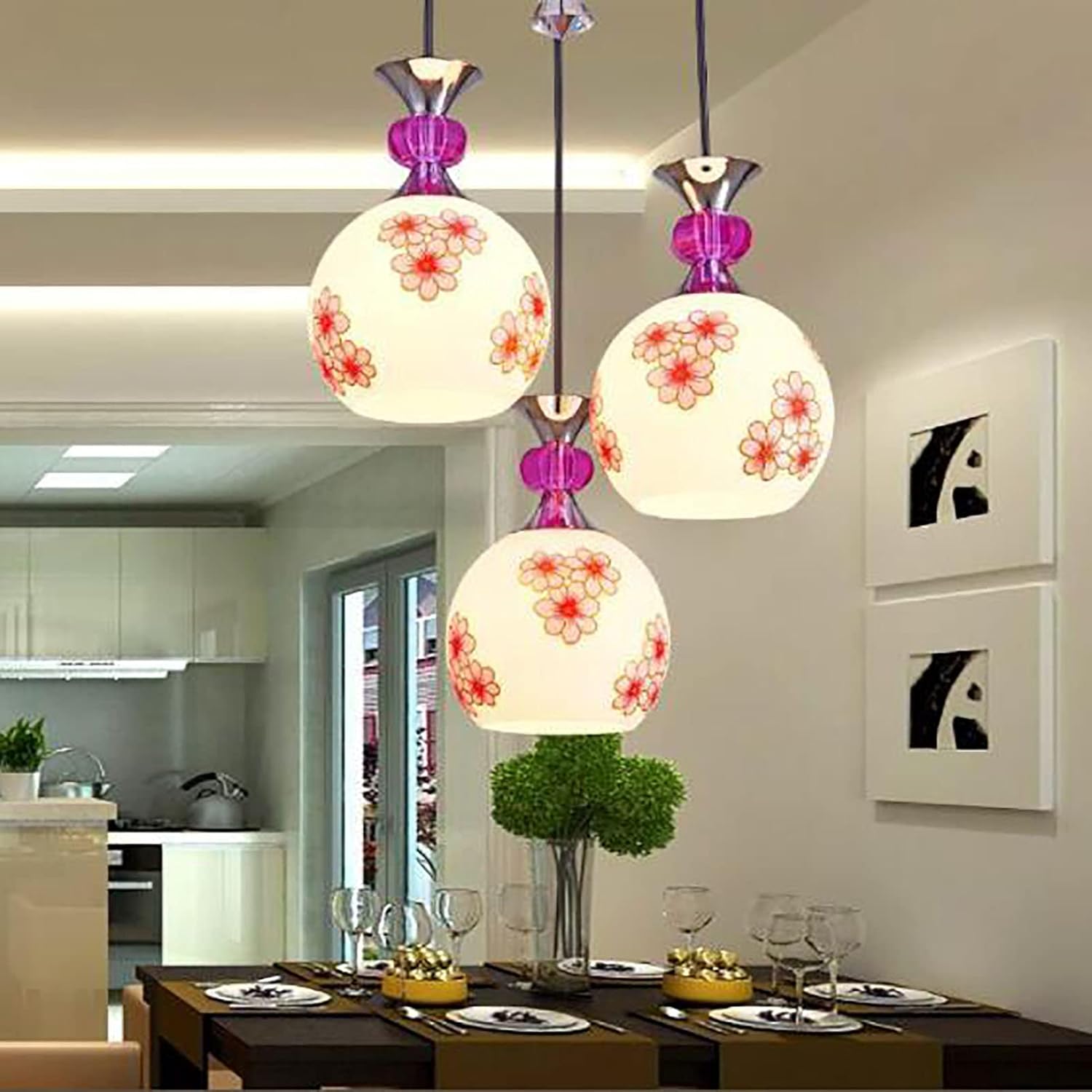 YUEGOO Chandeliers,3-Light Modern Minimalist Chandelier Creative Dining Room Irregular Light Round Ceiling Light Fixture for Bedroom Study Dining Room Kitchen Lighting/Chrome + Safflower/35 * 100Cm