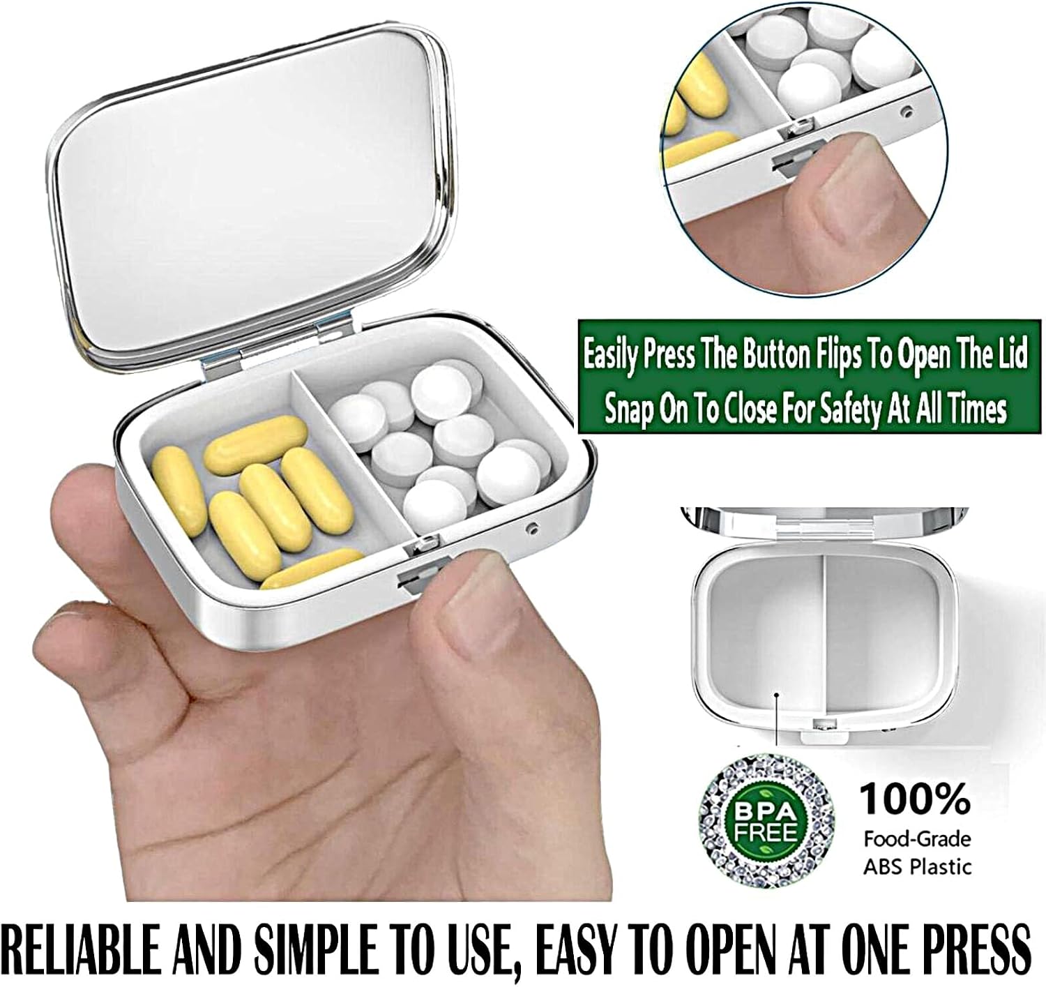 ABLESKY Pill Box, 2 Compartment Pill Organizer Case for Pocket or Purse, Small Portable Metal Travel Medicine Box with Mirror, Daily Vitamins Fish Oil Container-Cherry Pink Bow with Red Lips