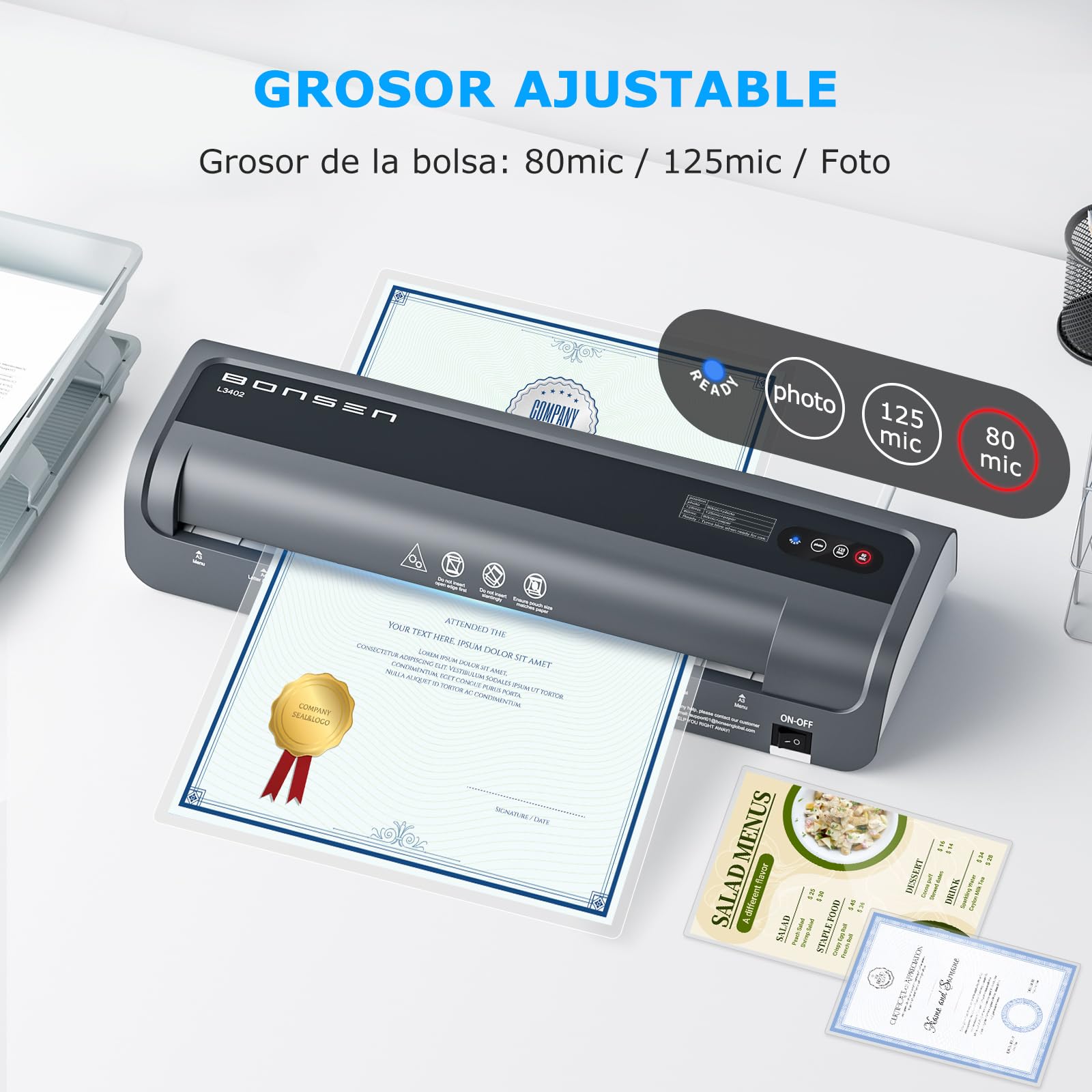 BONSEN Plastificadora A3 con Tecnología Anti-Atasco, 100 Fundas, Control de Temperatura NTC Preciso, Plastificación Rápida para Hogar, Oficina y Escuela, L3402