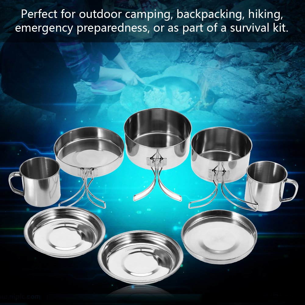 Camping Cookware Set Portable Stainless Steel Cookware Pan Pot Plate Cup Set for Outdoor Camping Picnic Silver 8Pcs