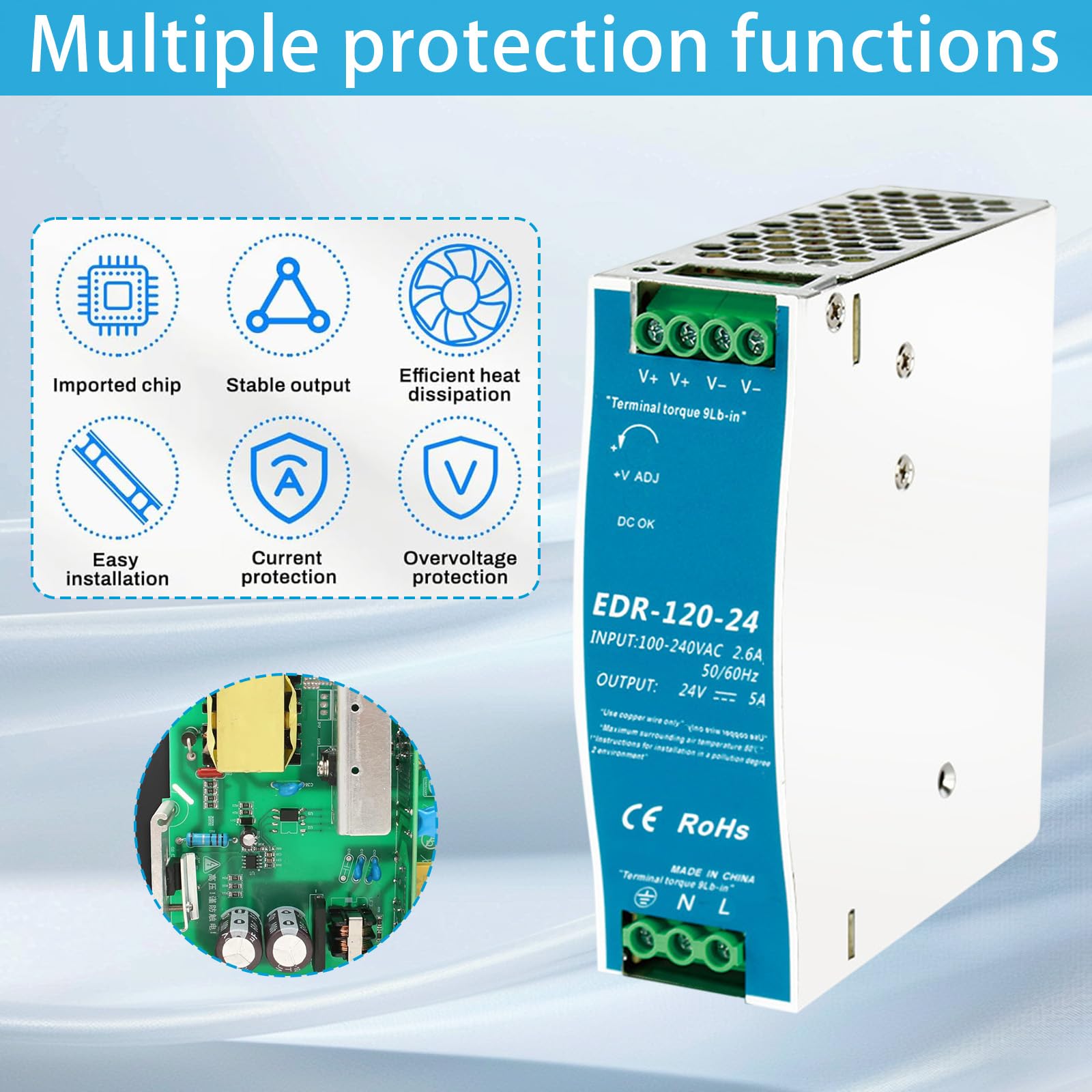 Alimentation Rail Din 24 V, 240 W 10 A Ca Entrée 100-220 V Sortie CC Alimentation à Découpage Industrielle avec Fonctions De Protection Modèle Ndr-240w-24