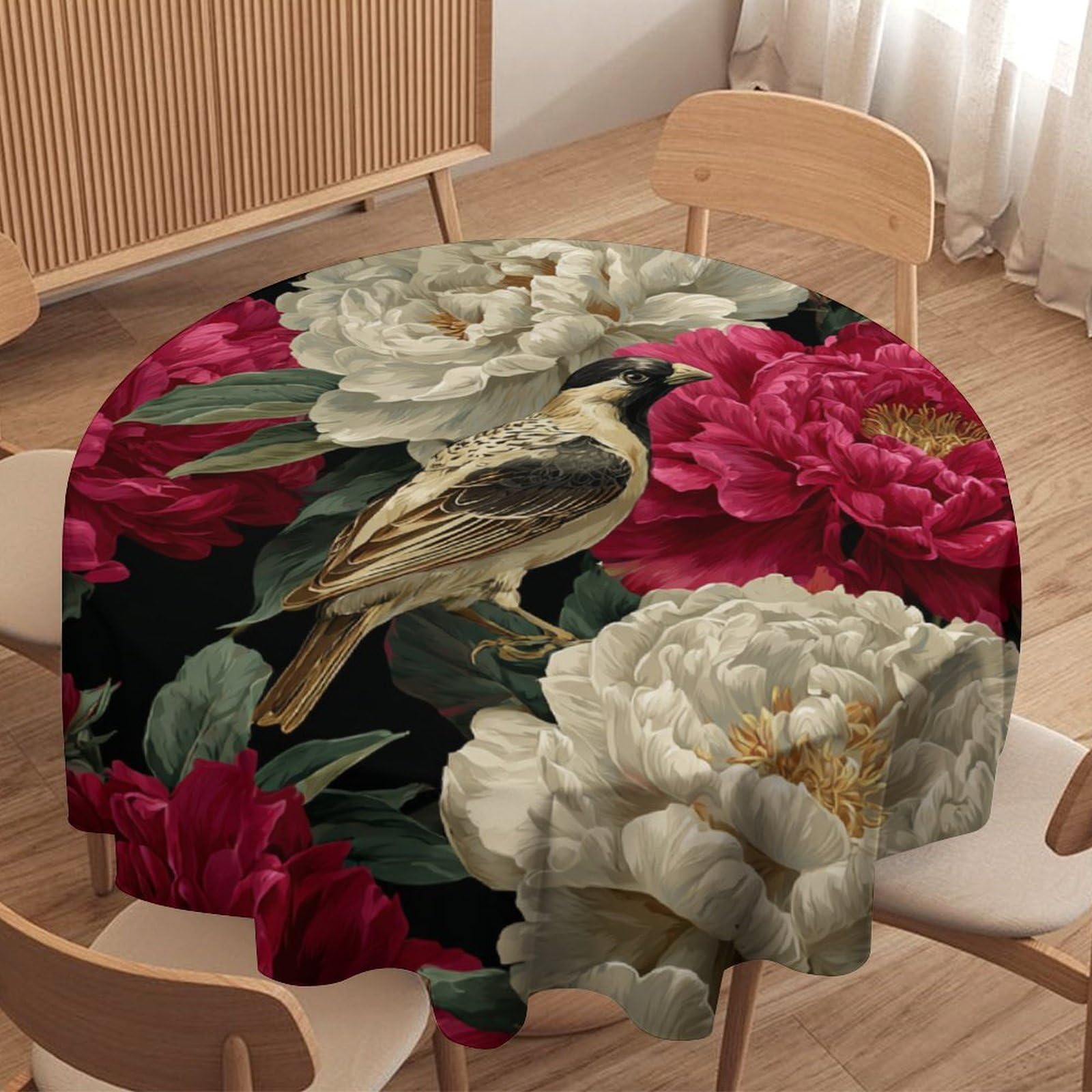 LUYYSKY Beautiful Classic Animal Birds Waterproof Round Tablecloth Rustic Watercolor Botanical Plant Floral Animal Bird Pattern Washable Table Cover for Kitchen-91.4" Wx91.4 L cm