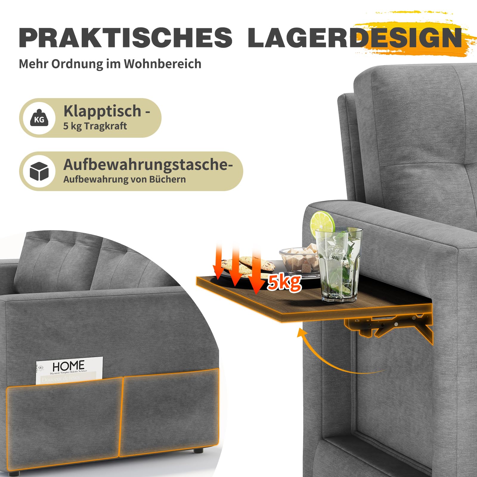 YOUDENOVA Sofa mit Schlaffunktion, Schlafsofa mit 5-stufig Verstellbarer Rückenlehne, Schlafcouch mit Bettfunktion, Couch mit Tisch & Seitentasche, 2 Sitzer Sofa Bed 177x135 cm, Chenille Grau