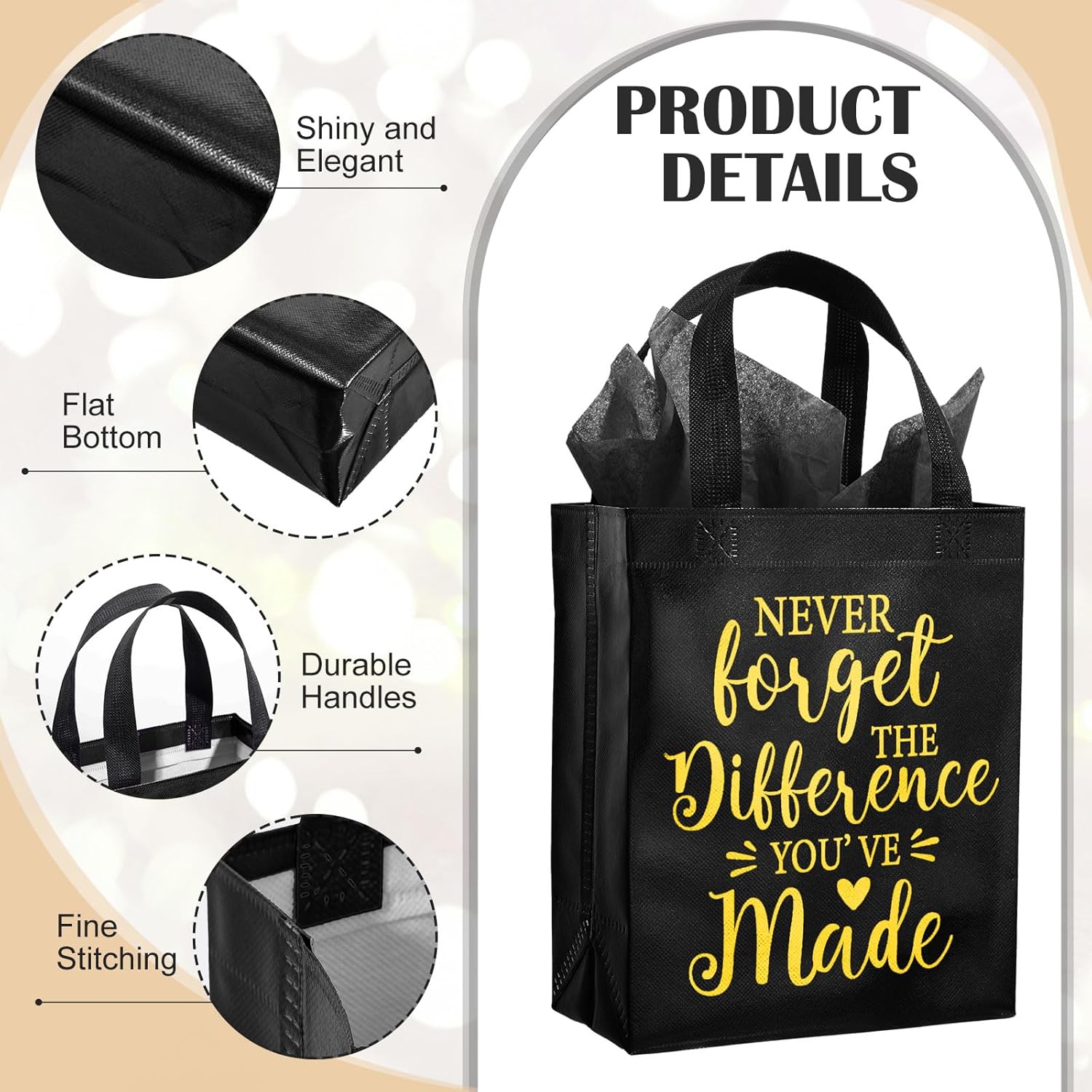 Gaillty 24 Pcs Employee Appreciation Gifts Bags Reusable with Handles, Non-woven Thank You Bags Bulk with Tissues, 8 x 4 x 10 Inch Christmas Gifts for Coworker, Staff, Teacher(Black) - Image 2