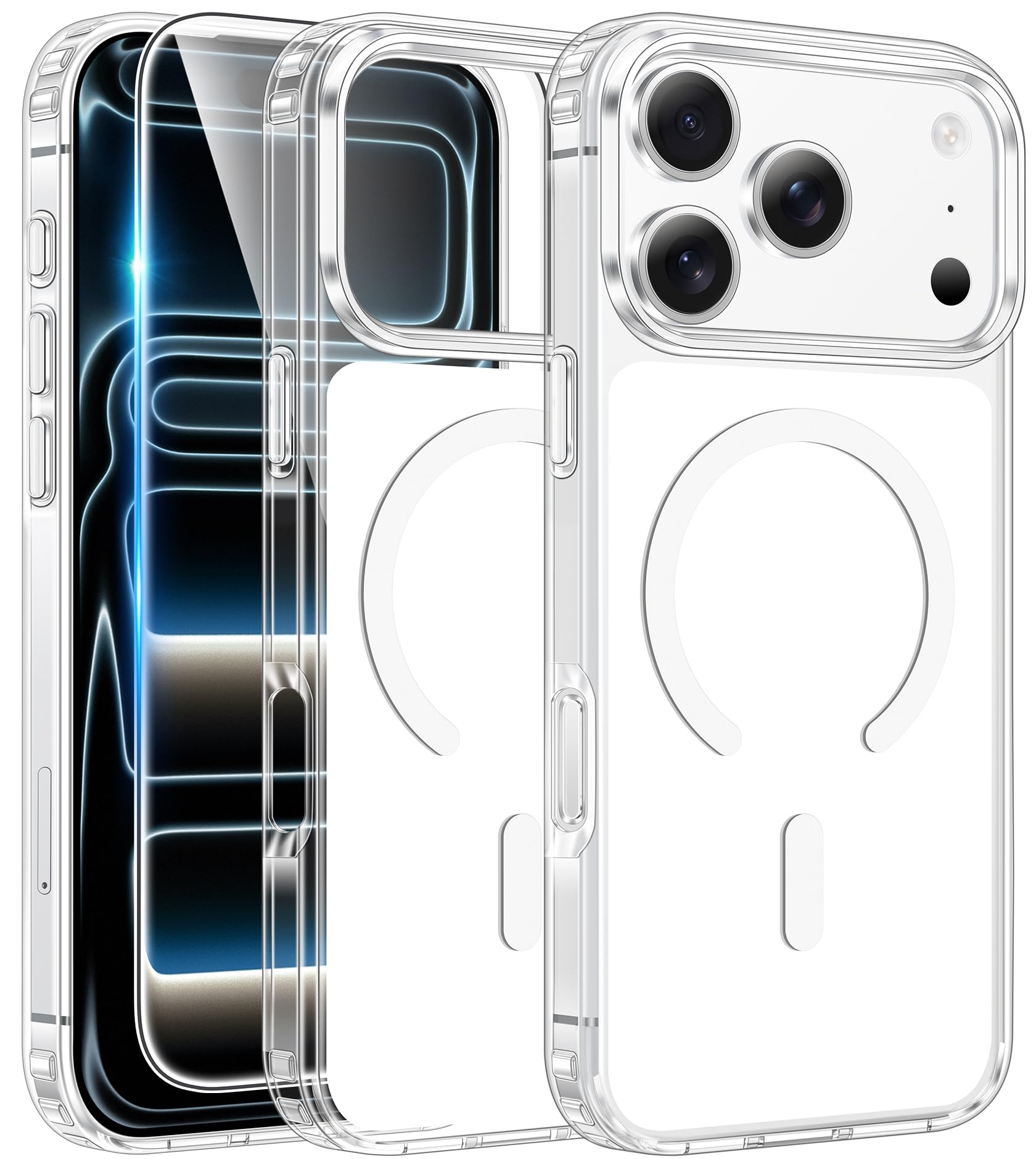 Photo 1 of FNTCASE for iPhone 17 Pro-Max Case: Clear Magnetic Phone Cases with Screen Protector Compatible with Magsafe Slim Anti Yellowing Rugged Shockproof Protective Transparent Cell Cover (B-A White)