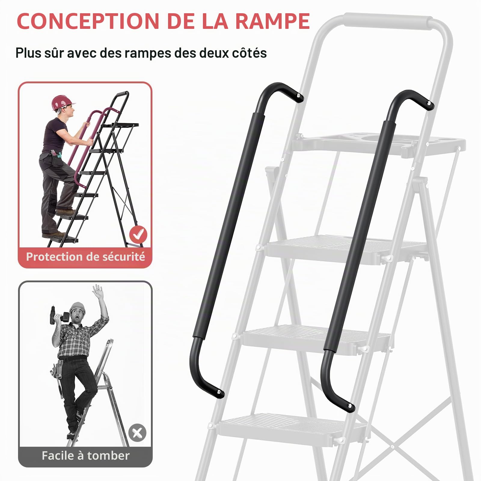KINGRACK Escabeau Pliable à 5 marches Portable pour la Maison, la Cuisine, marchepied en Acier Robuste avec pédales Larges antidérapantes, Main Courante, Design de Verrouillage sécurisé, Passe Les