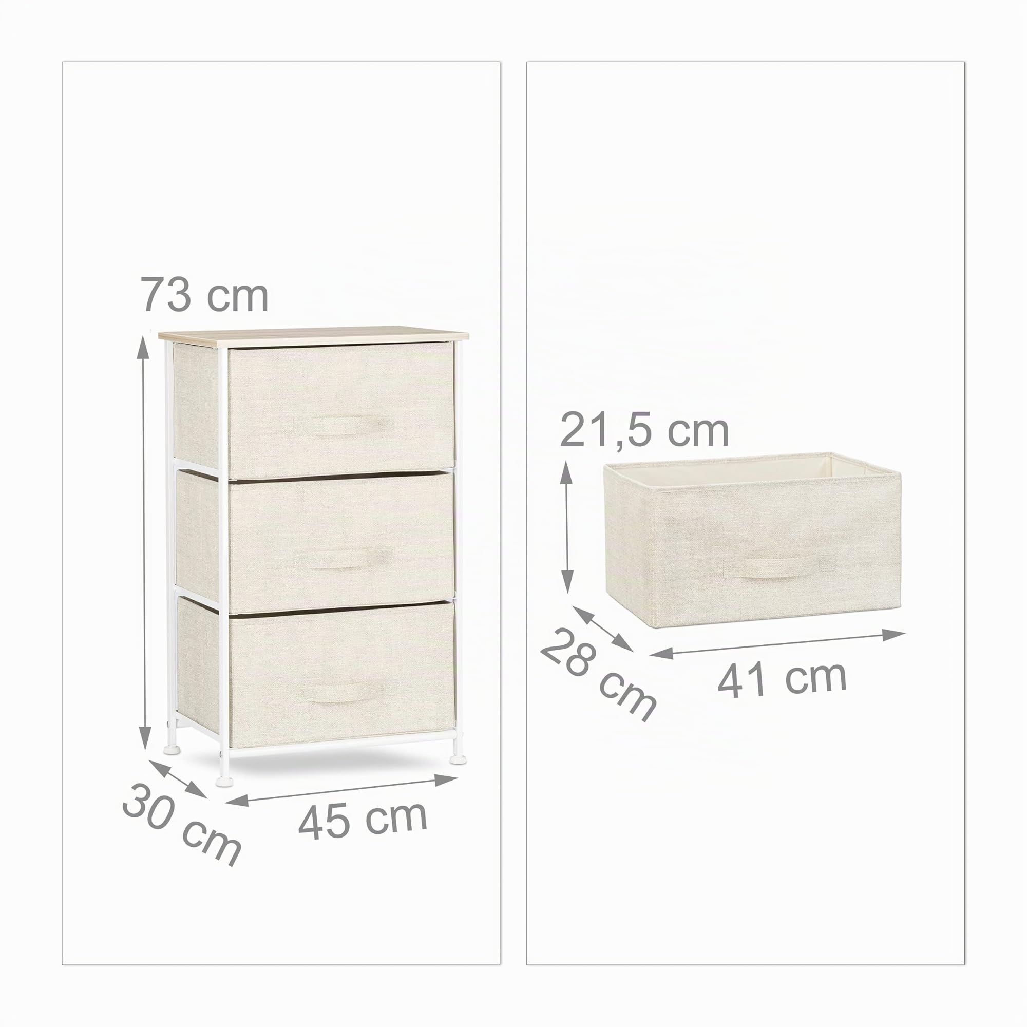 Relaxdays Mobiletto con 3 Cassetti, Mobile Cassettiera, in Tessuto, Acciaio e Legno MDF, HxLxP: 73 x 45 x 30 cm, Beige