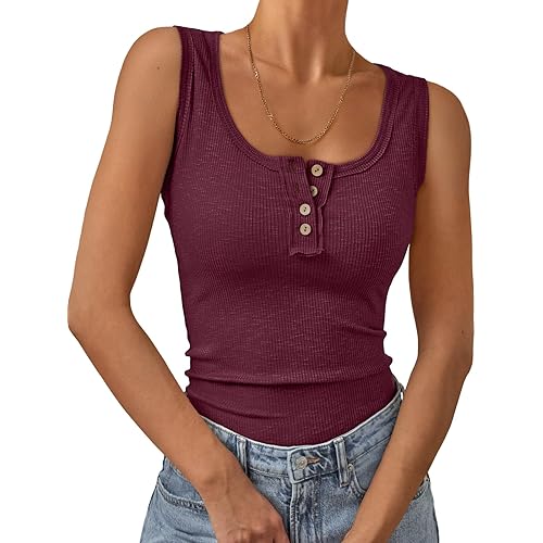 Kissfix Tank Tops for Women Summer Casual Cute Sleeveless Henley Shirts Beach Vacation Clothes Basic Tees