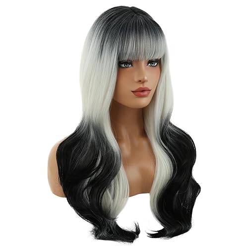 Miniatura 3 de BERON Pelucas Negras Degradadas a Blanco para Mujeres, Peluca Larga Rizada Ondulada con Flequillo para Chicas, Peluca Sintética Ondulada Blanca