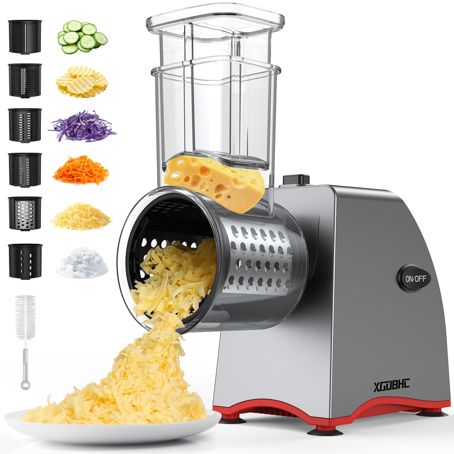 Electric Cheese Grater, Salad Maker with 6 Replaceable Multi-use Blades, 250W Electric Cheese Shredder, One-Touch Kitchen Slicer Salad Machine for Vegetables, Fruits, Cheeses, Nuts
