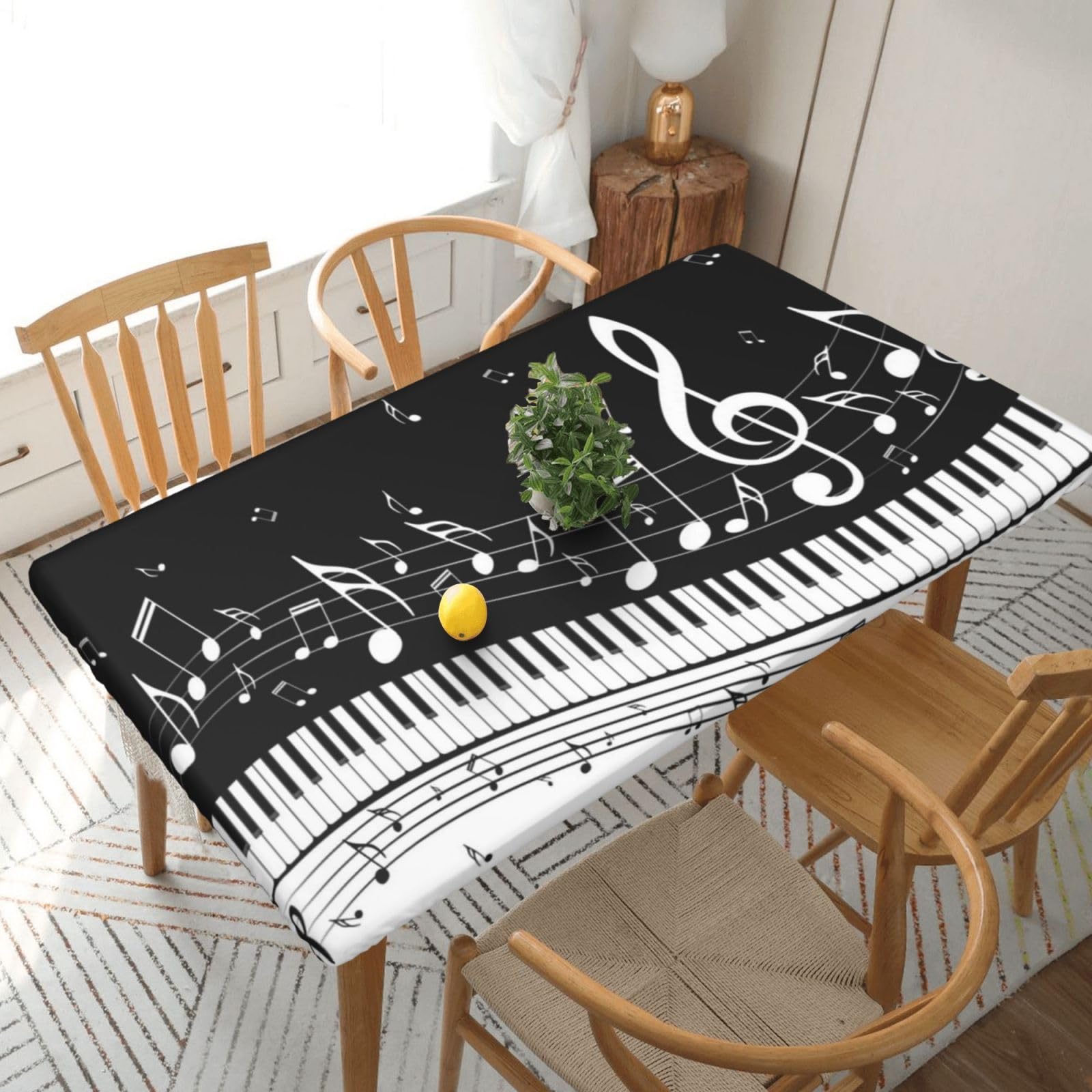 DCEHGEW Elastic Fitted Rectangle Tablecloth for 5ft Tables, Piano Keys with Musical Notes Printed Oilproof & Washable Fabric Picnic Table Cloth Table Covers
