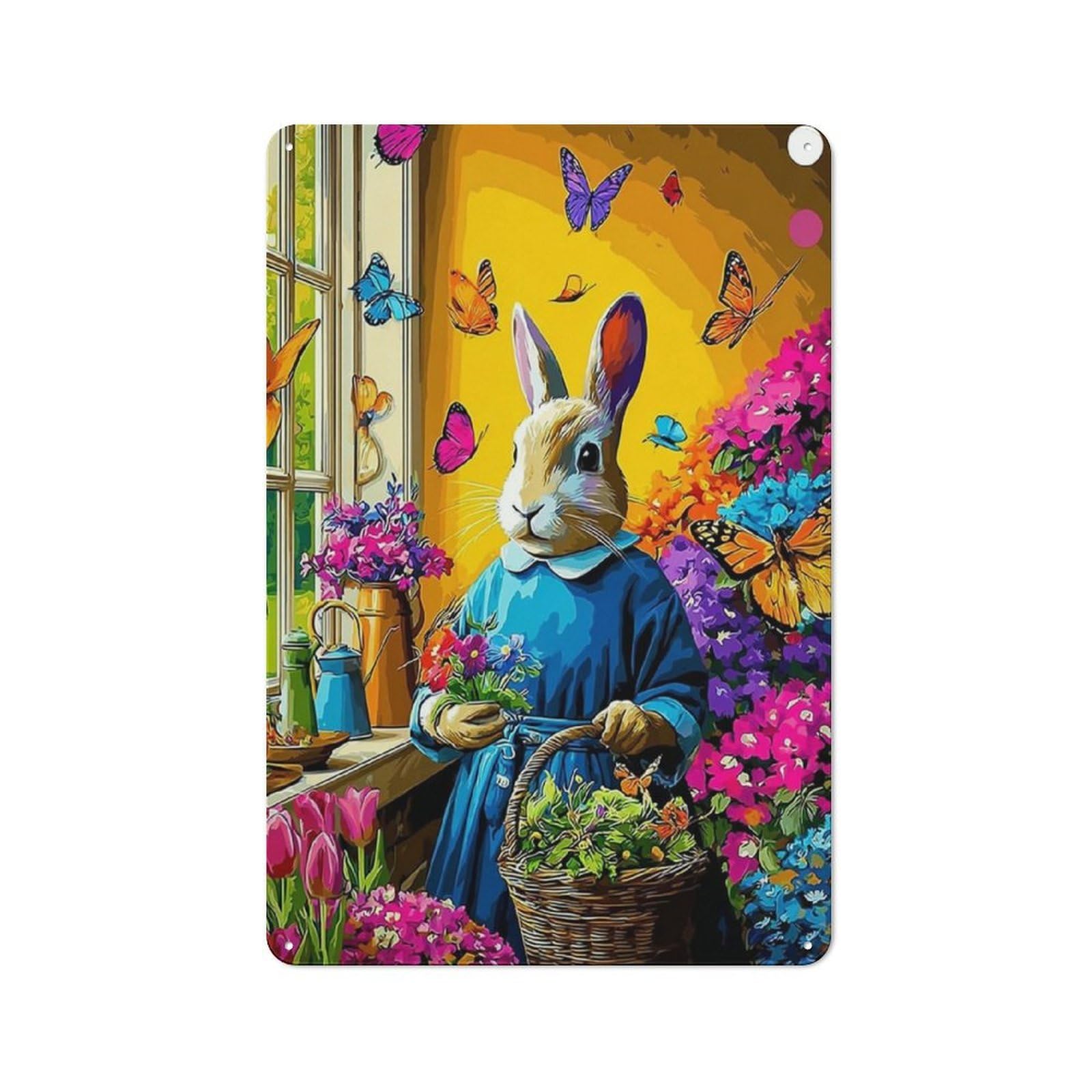 Junmoney Rabbit In Garden With Flowers Tin Wall Plaque 30X20cm With For Home Office Or Studio, A New Home Present For Creative Workspace Decorators