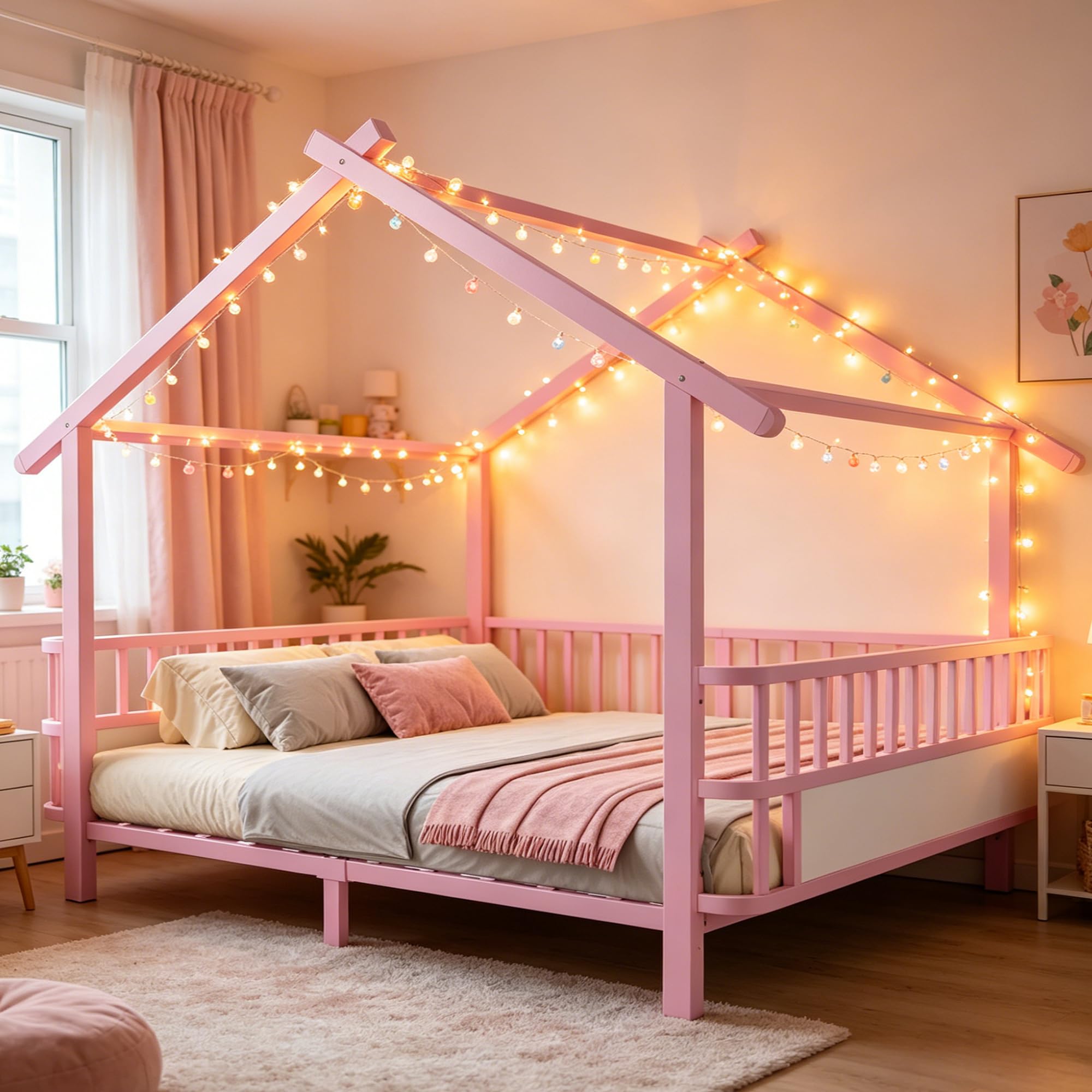 Merax Kinderbett aus Metall in Hausform 140x200 cm mit Sicherheitsgitter & Dachdesign – Rosa (Ohne Matratze)