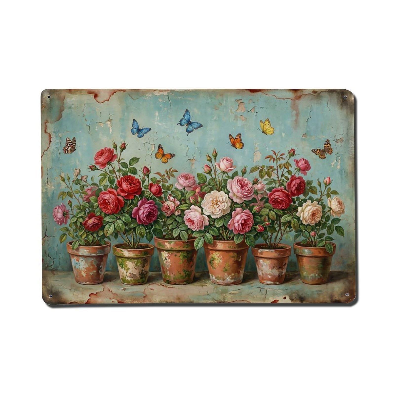 Vintage Rustic Flower Potted Plants Rose Metal Tin Sign