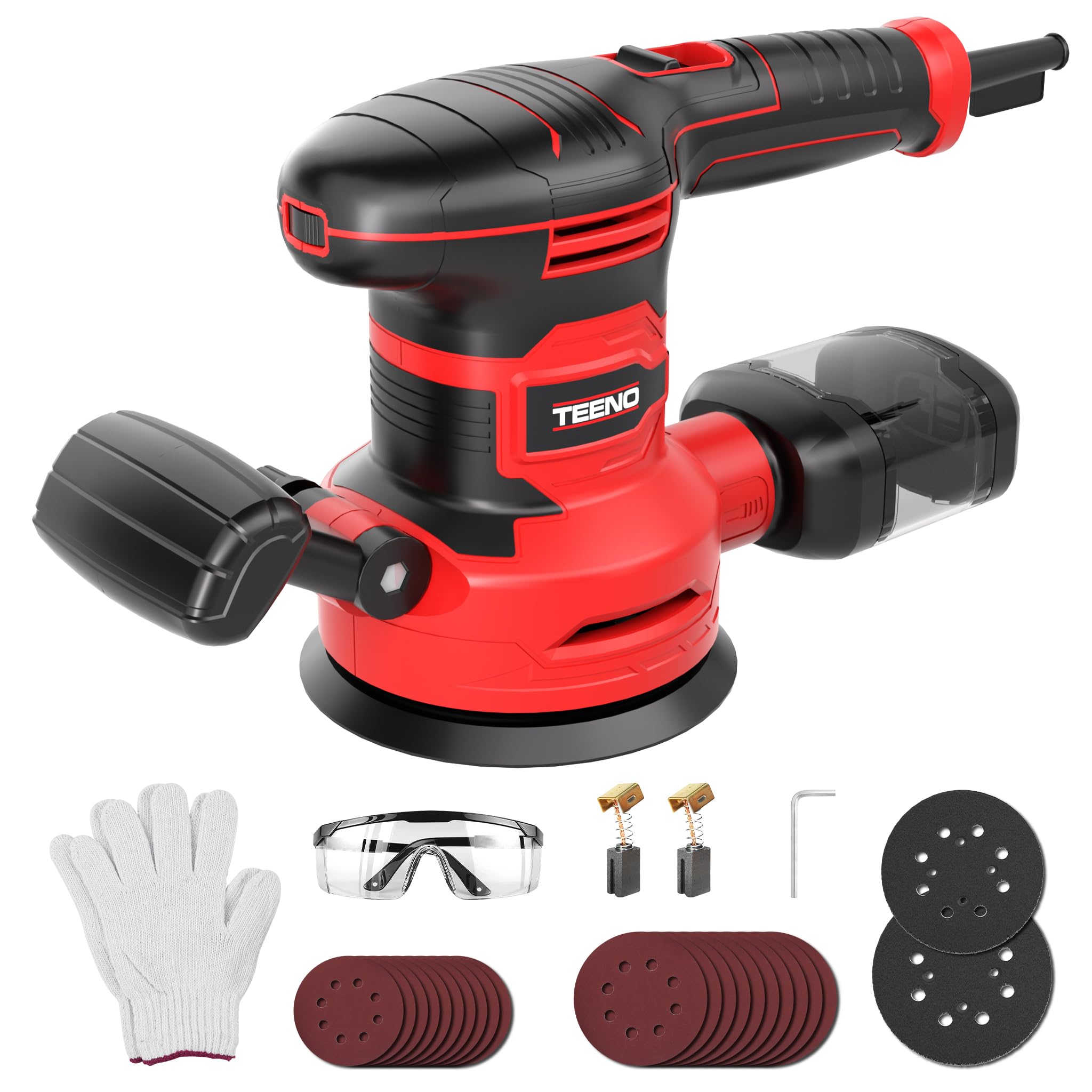 TEENO Ponceuse Orbitale 150 mm 450W, Ponceuse Excentrique 6 Vitesses avec 20 Disques Abrasifs Ø125/150 mm, Collecteur de Poussière - Pour Bois, Métal, Plastique