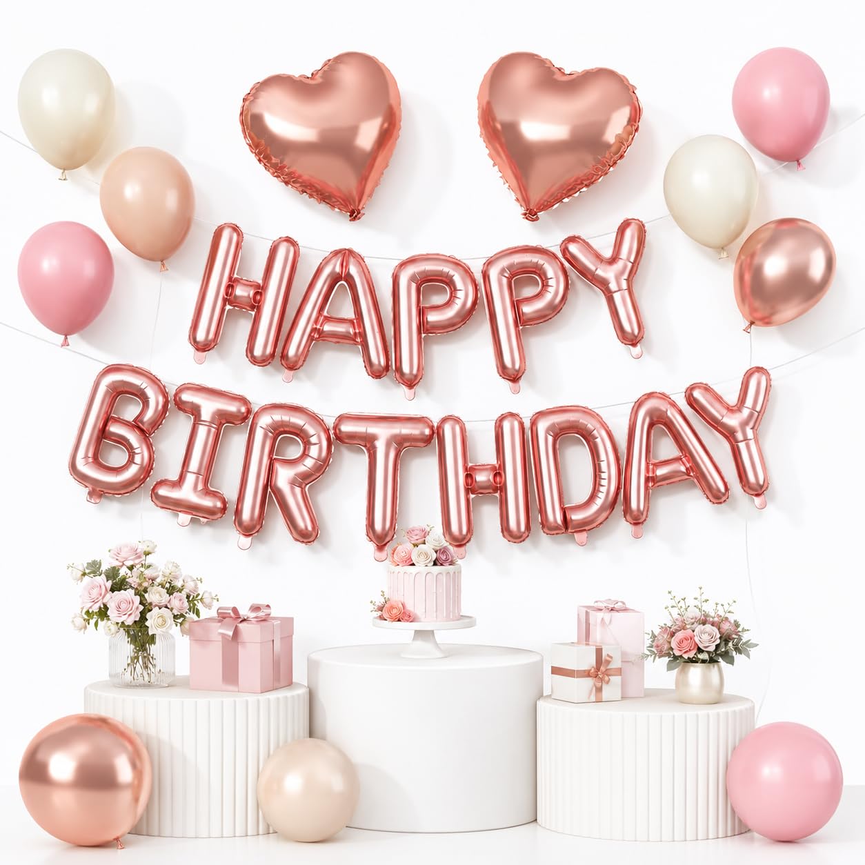 Happy Birthday Balloon Banner Set with Metallic Letter Foil Balloons & Heart Shapes - Complete Rose Gold Neutral Boho Party Decorations Kit for Women's Celebrations & Anniversary Events