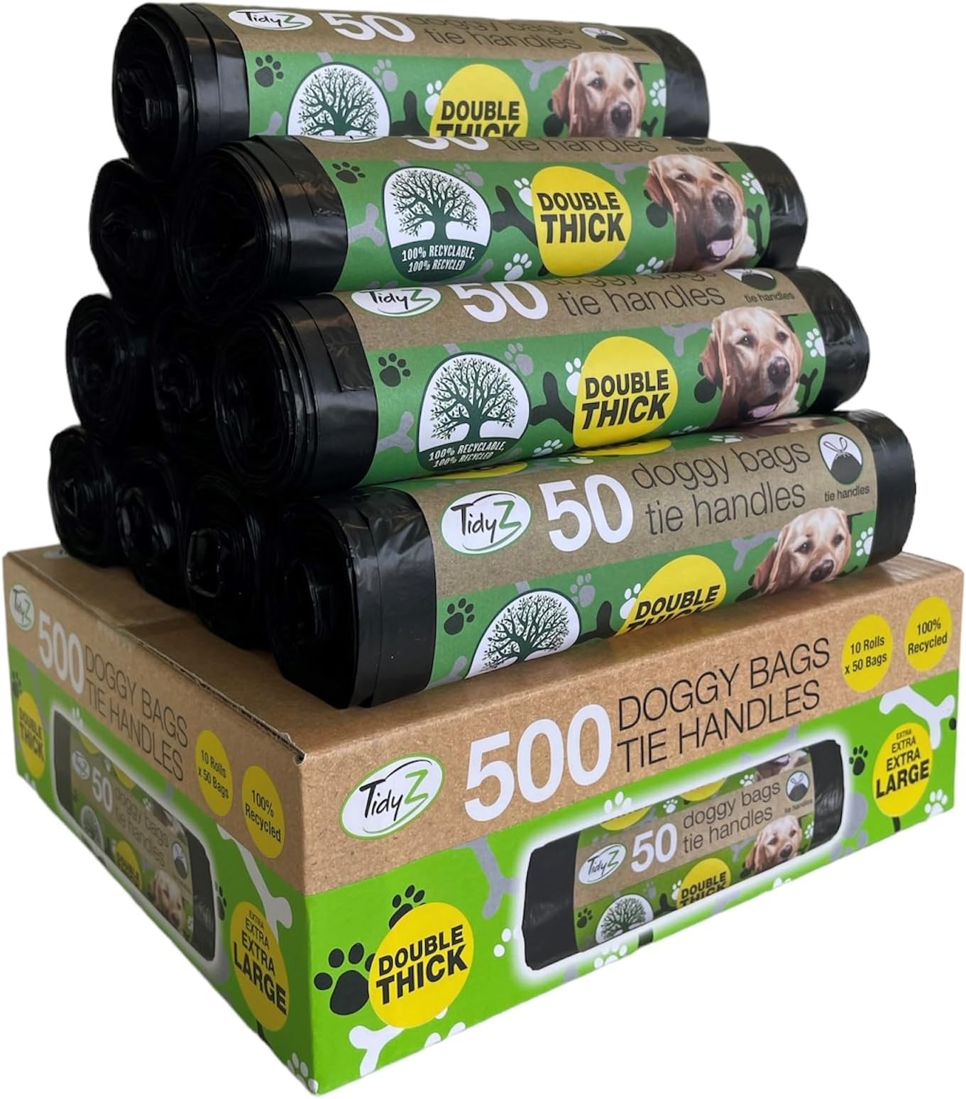 500 TidyZ Dog Poo Bags. Made from 100% Recycled Plastic. Extra Strong, 30 × 36 cm Extra Large Pet Waste Bags. Tie Handles. On a Roll. Unscented. Leakproof. 10 rolls of 50