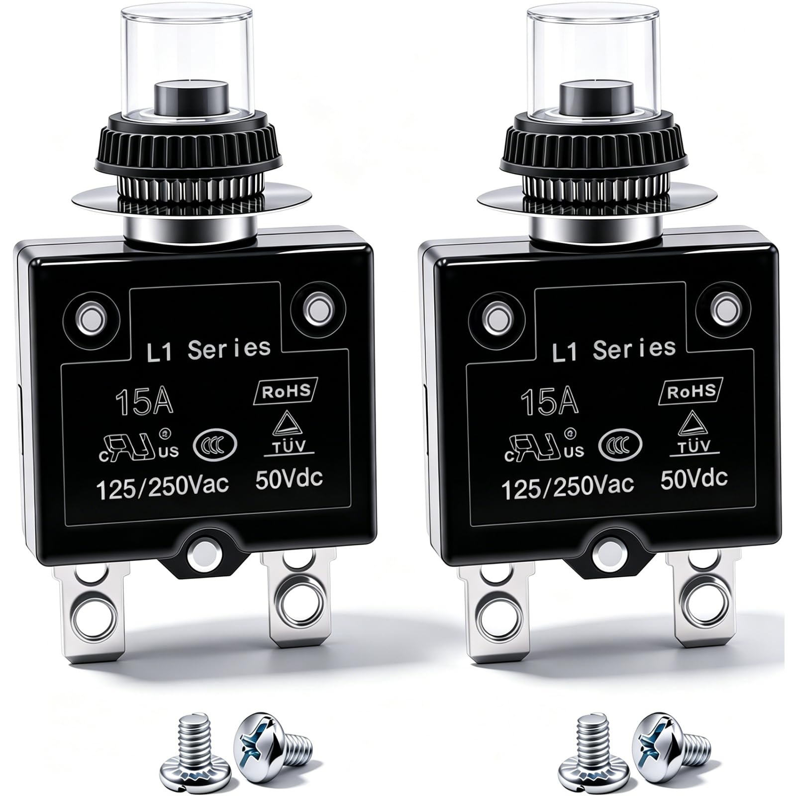 mxuteuk 2Pcs 20Amp Circuit Breakers Push Button Manual Reset 125/250V AC 50V DC, L1 Series Overload Protector Switch Thermal Circuit Breakers with Waterproof Button Caps L1-ls-20A — Amazon image 8