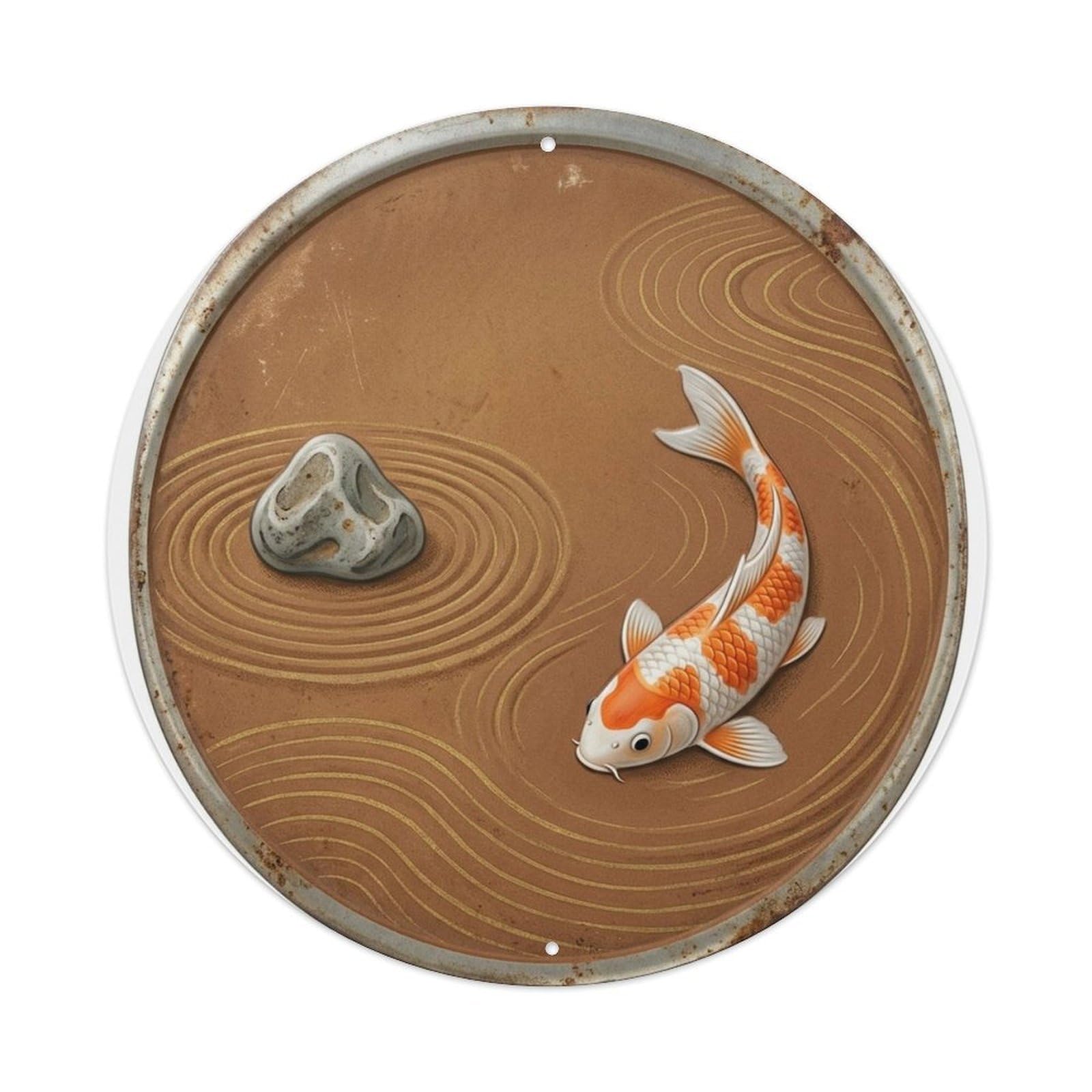 Koi Carp Sienna Zen Garden Japanese Pond Harmony Nature Metal Tin Sign Plaque Wall Decor for Cafe, Man Cave, Club Bar, Office, Home Garden Round Metal Poster 8x8Inch