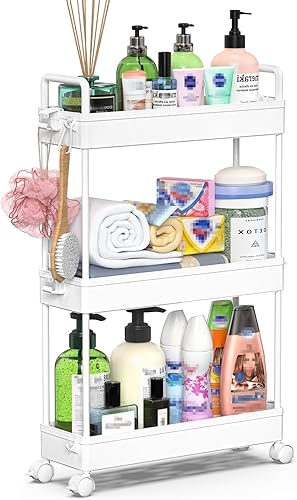 Miniatura 8 de SOLEJAZZ - Carrito de almacenamiento delgado con ruedas de 3 niveles, organizador de almacenamiento delgado para el baño, carrito de servicio para