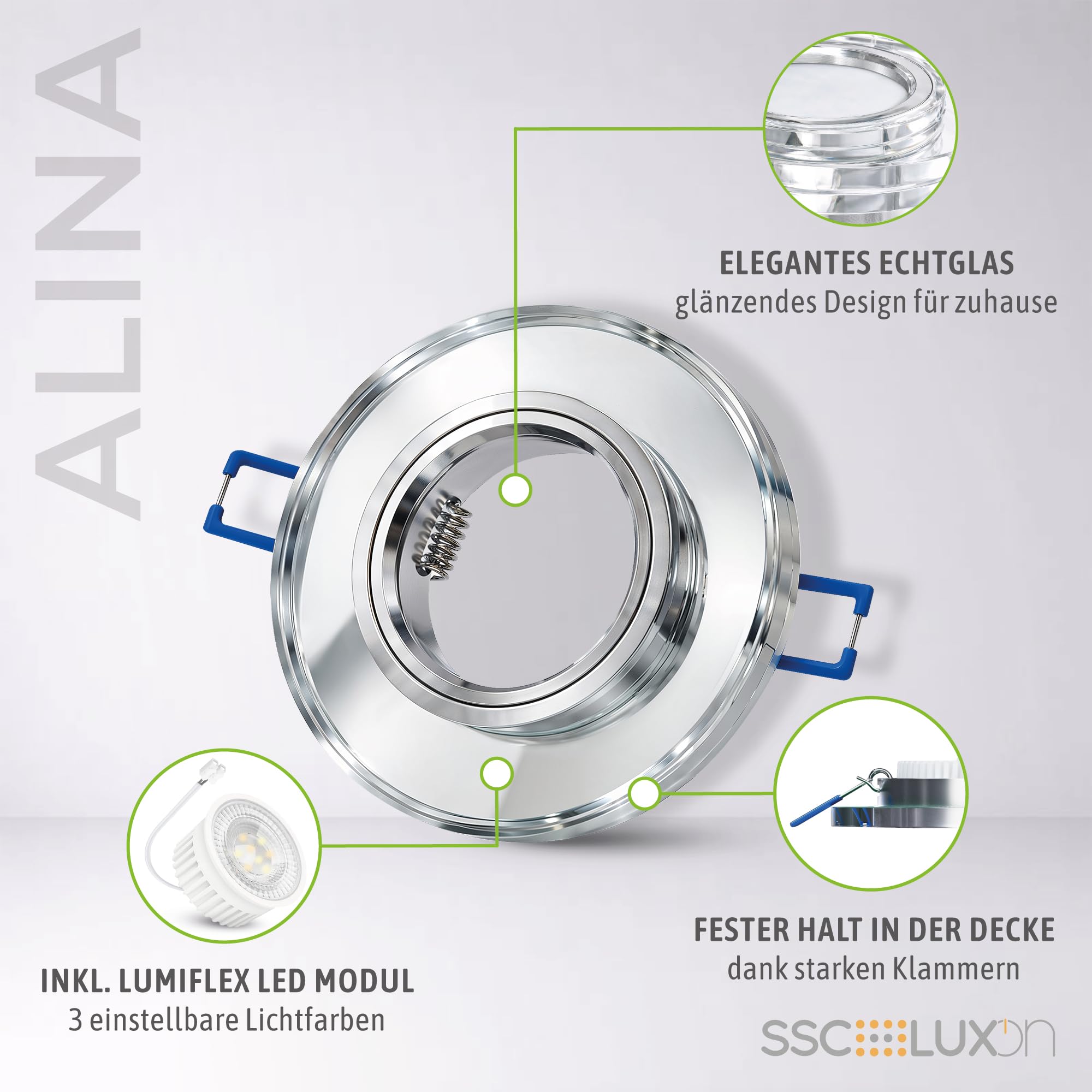 Faretto LED da incasso estremamente piatto (15mm) in vetro nero rotondo con modulo LED 5W bianco neutro 4000K 230V senza trasformatore | Finitura specchiera in vetro nero | Design Elegante
