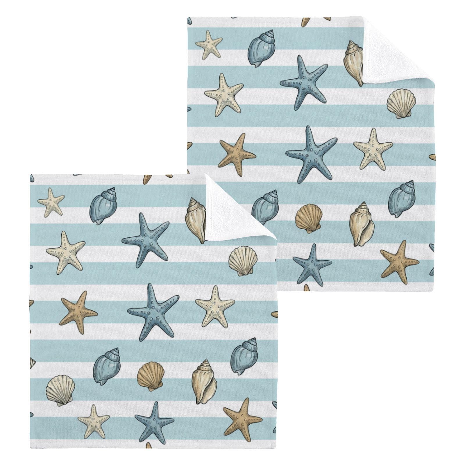 BOESI Nautical Stripe Seashell 12x12in Cotton Washcloth,Face Towel