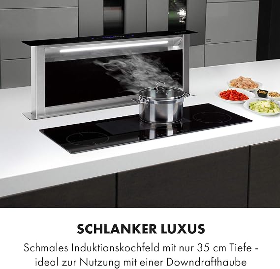 Klarstein Delicatessa 90 Slim Induction Hob Self-Sufficient, Built-In Flex Zone 90 cm, 4 Zones, 7000 W, 9 Power Levels, Booster, Pan Detection, Timer, Glass Ceramic, Hob, Black