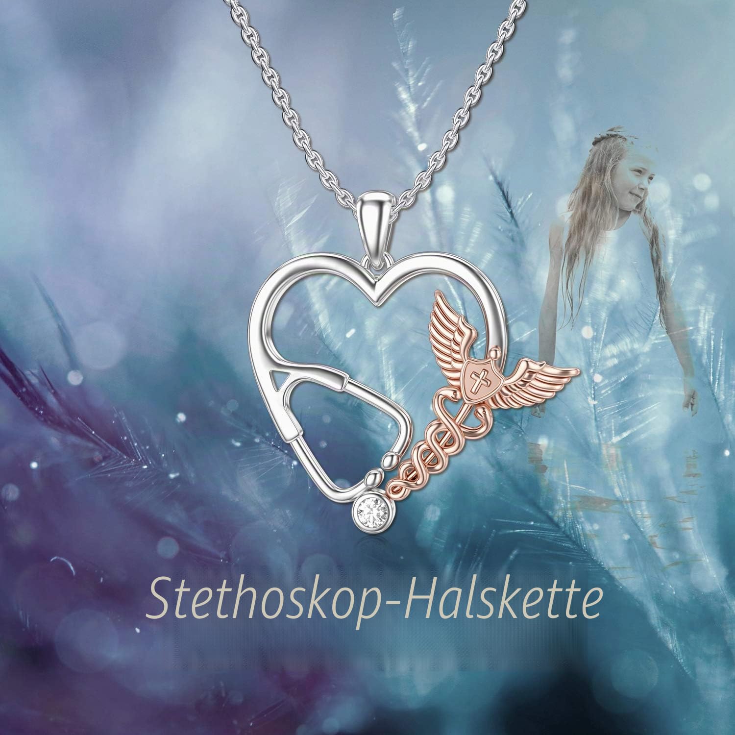 Silber Hermesstab Engel Anhänger Stethoskop mit Zirkonia Herzform Halskette Schmuck Dankeschön für Krankenschwester Ärzte Frauen Mädchen, 45,7 cm + 5,1 cm Kette