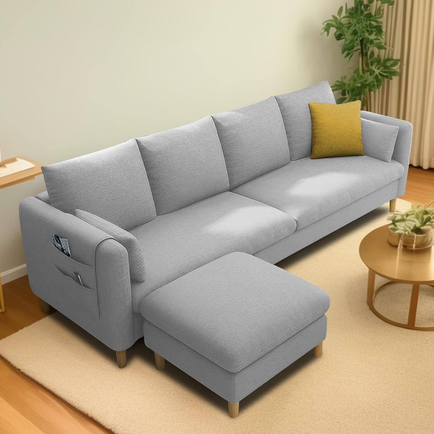 GRAPEWOOD Globin 3 Seater Sofa with Center Table Set for Living Room (Turquise) Premium Fabric Sofa (Grey)