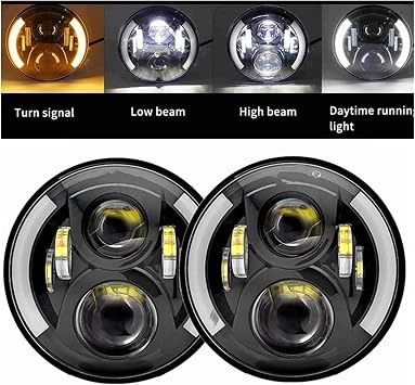 Headlight Assembly For Benz-G G55 2xLada Auto Motor 7 Inch Led Headlight Hi/Low H4 Light Halo Angle Eyes DRL Headlamp Car headlights(80w Halo light Black)