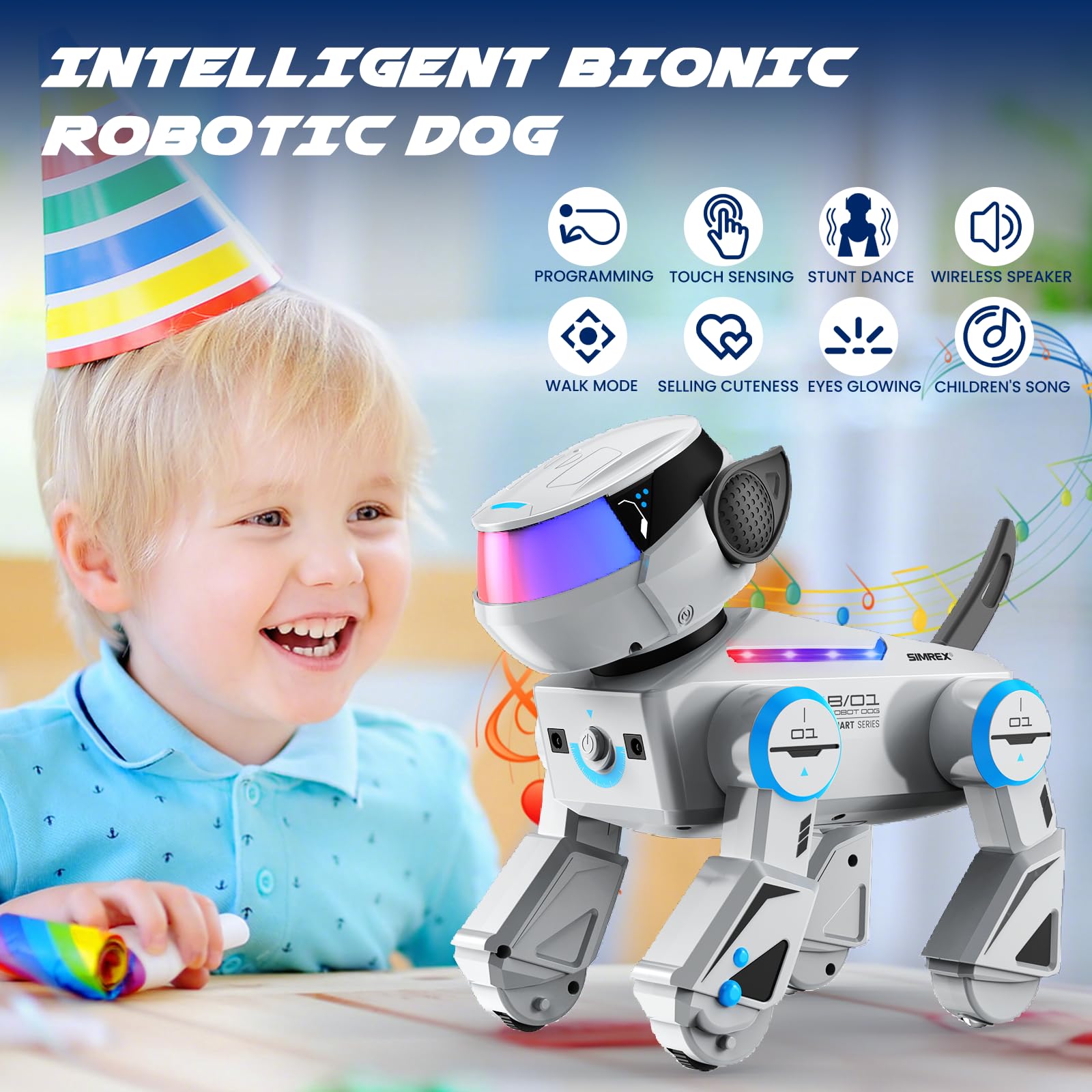 SIMREX Robot cane giocattolo per bambini, cane robot intelligente interattivo con sensore tattile, telecomando Bluetooth, trucchi danza, occhi LED, regalo di compleanno per ragazzi e ragazze, grigio