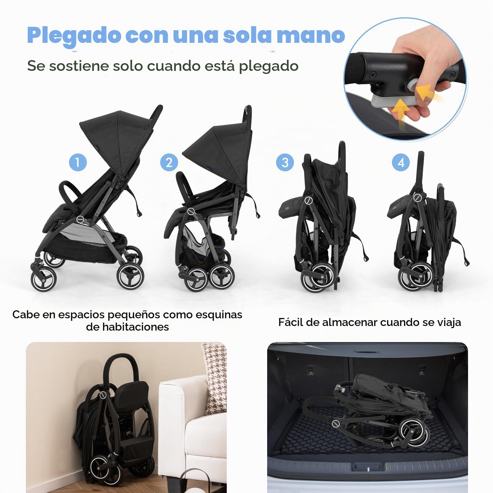 LIFEZEAL Cochecito de Bebé Plegable, Silla de Paseo Ligera con Respaldo Reclinable 150°-180°, Cochecito de Bastón con Toldo Ajustable, Arnés de Seguridad de 5 Puntos, Capacidad para 15 Kg (Negro)