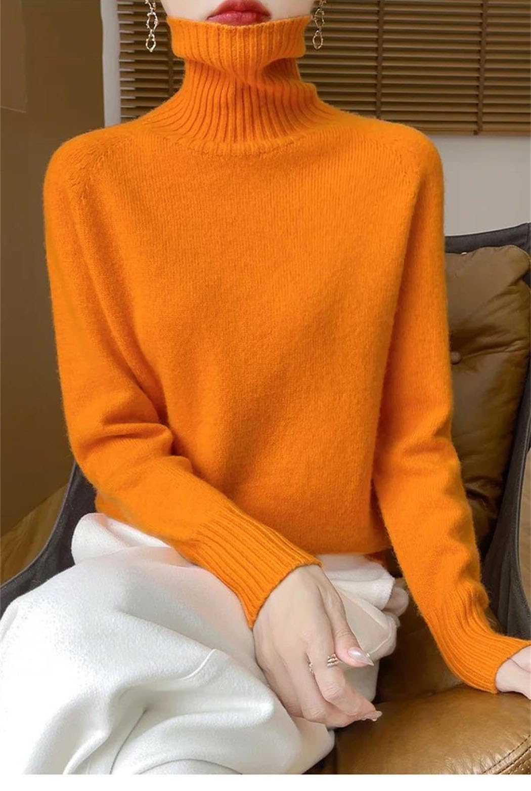 Sweter Damski Z Kaszmiru Z Wysokim Kołnierzem, Dzianinowy, Z Długim Rękawem, Miękki, Ciepły, Na Jesień I Zimę, Codzienny-85-Large