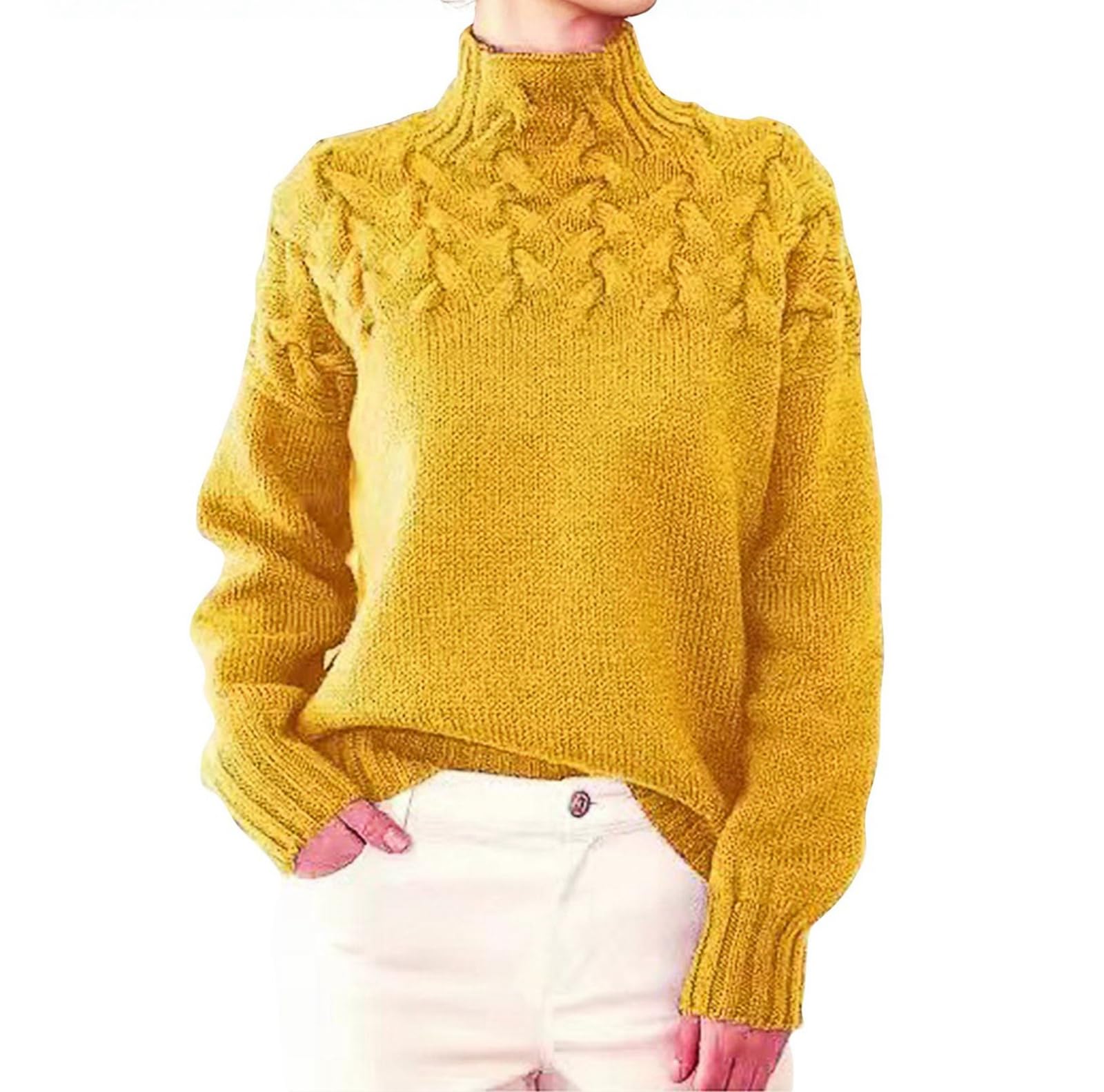 Womens Long Sleeved Sweater 2025 High Neck Knitted Flower Pullover Sweater Tops Casual Loose Fit Blouses