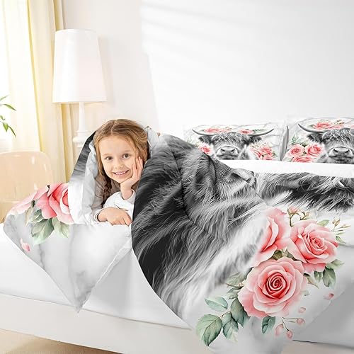 Miniatura 6 de Erosebridal - Juego de funda de edredón con flores de vaca de las Highlands, tamaño Queen, diseño de toro, juego de ropa de cama de ganado vacuno,