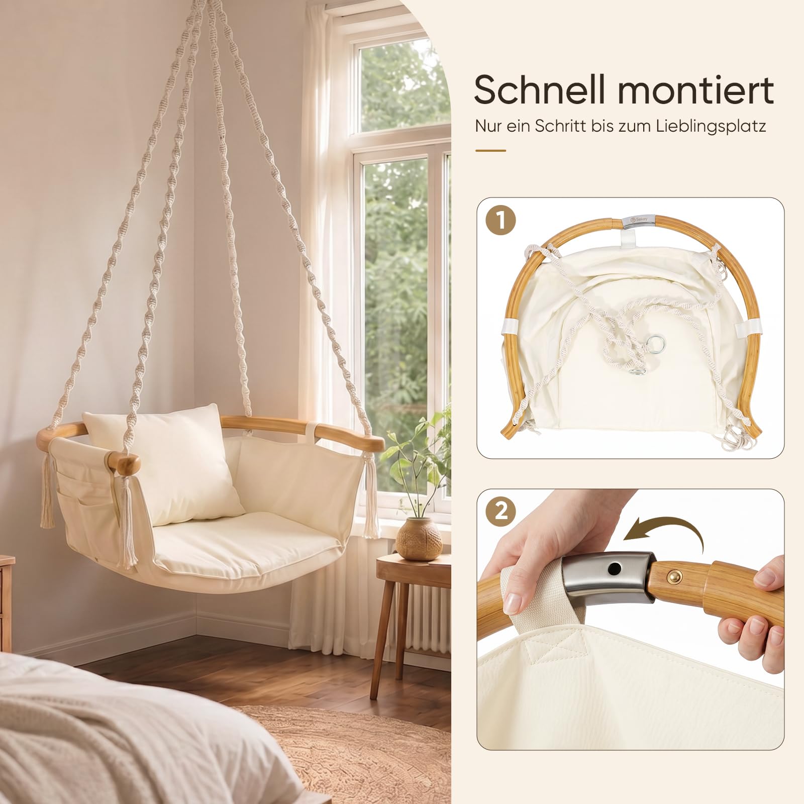 Sekey Hängesessel mit Flexibler Seitentasche & Kissen - Boho Hängestuhl bis 120 kg - Gebogener Bambusstab & Spiralseile - Hängeschaukel für Balkon, Garten & Indoor, Beige