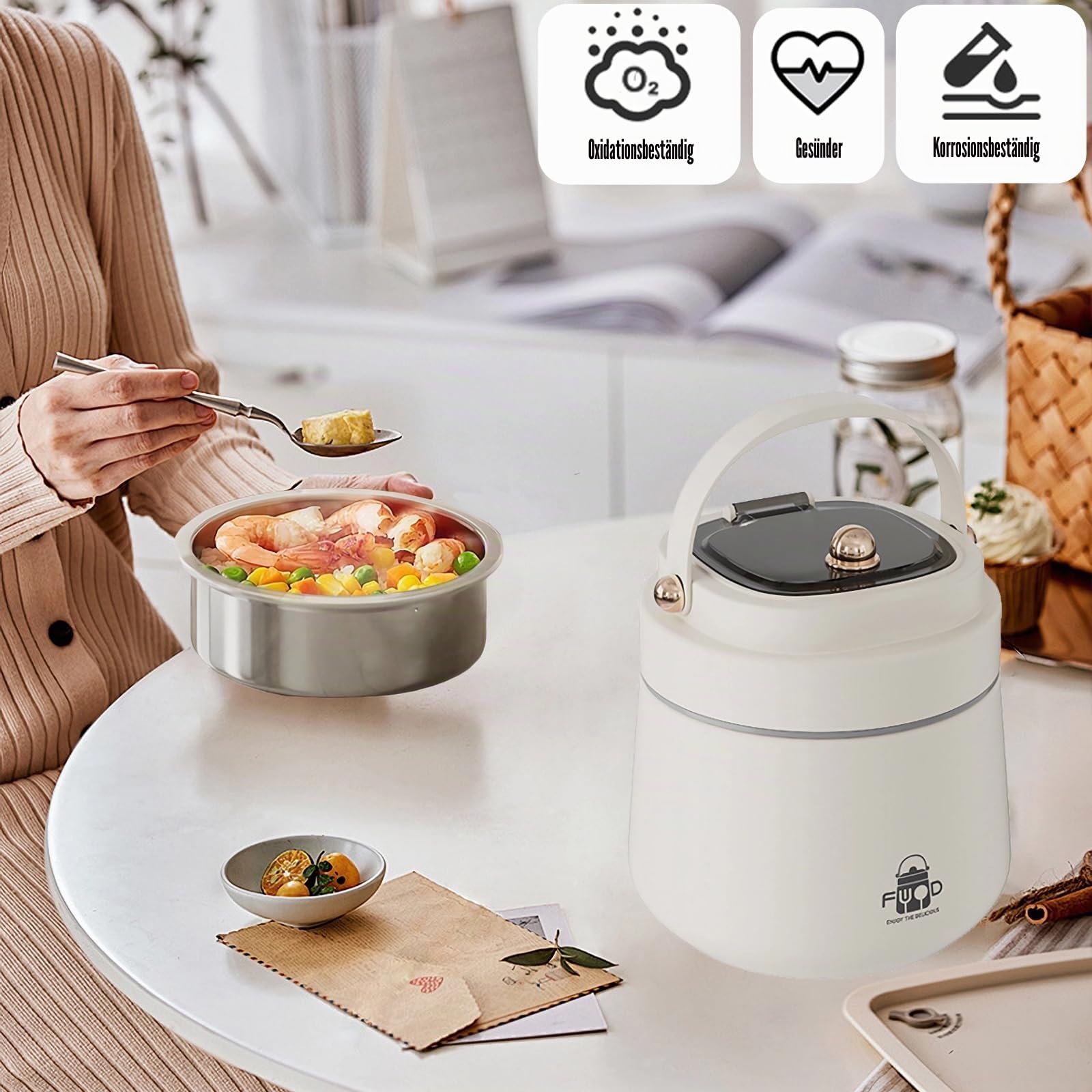 LANMOU Thermobehälter für Essen 1200ml Warmhaltebehälter Essen Edelstahl Thermo Lunchbox für Kinder, Erwachsene, Auslaufsicher, inkl Löffel und Isolierbeutel, 12 h heiß / 12 h kalt, Weiß