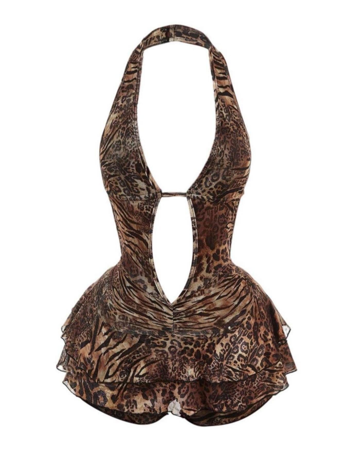 Women's Y2K Leopard Print Halterneck Romper Backless Sleeveless Layered Ruffle One-Piece Outfit-image-43