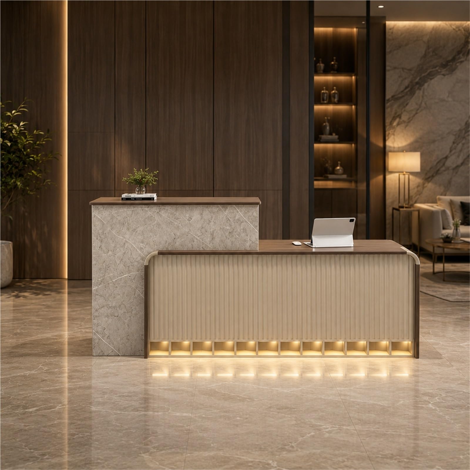 L-Form Empfangstheke Rezeptionstheke, Moderne Kassentheke Große mit Schublade, 2 Schränken, Regal & Stauraum für Büro Salon Hotel Empfangsbereich