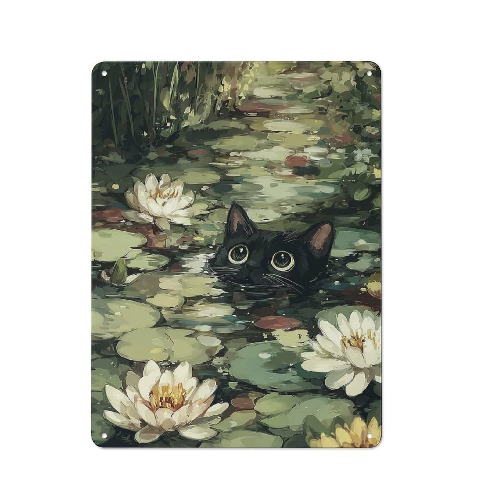 Junmoney Style-10 Tin Wall Plaque 40X30cm With Black Cat In A Lily Pond For Home Office Or Studio, For Metal Sign Collectors, For Garage And Workshop Walls
