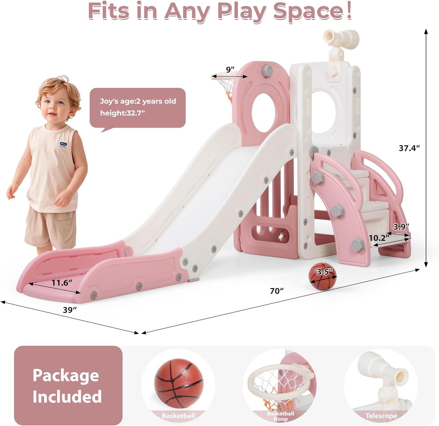 6 in 1 Toddler Slide, Indoor Slide for Toddlers 1-3, Freestanding Kids Slide and Climber for Inside Playground, Outdoor Slides for Kids with Basketball Hoop, Telescope, Storage, Pink