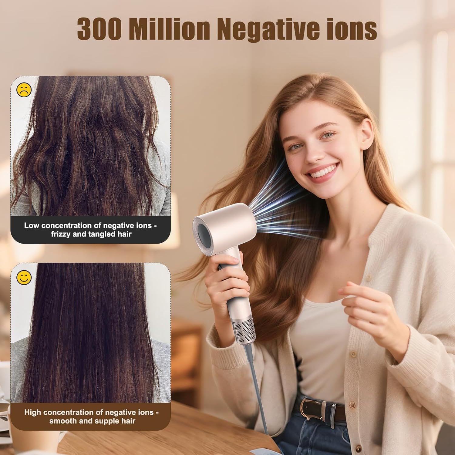 Hair Dryer, 1600W High Speed Ionic Blow Dryer with 300 Million Negative Ions, 160000 RPM Brushless Motor for Fast Drying, 59dB Low Noise & 65M/S Hair Dryers for Home Travel, Pink - Image 4