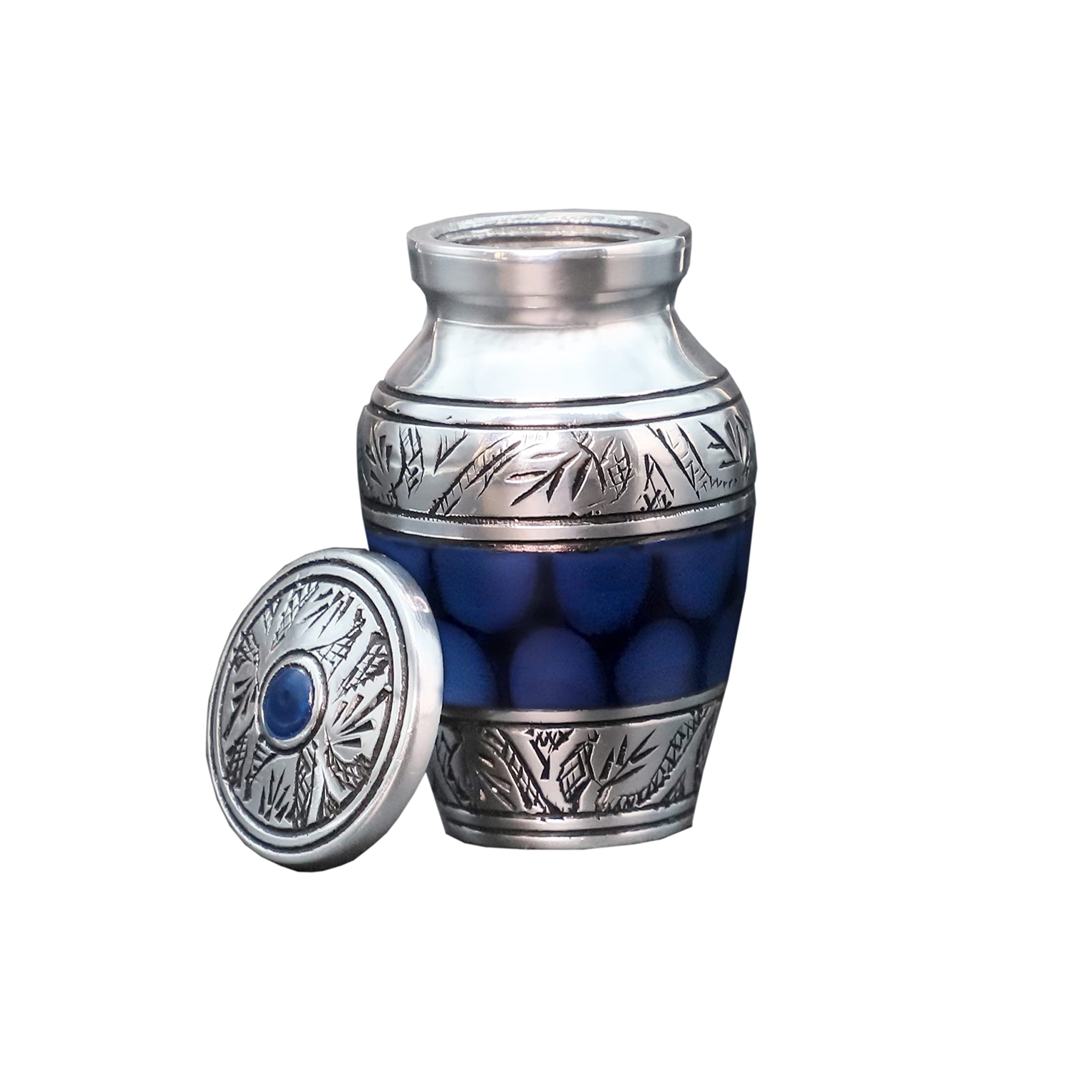 HLC Urna de Recuerdo pequeña grabada a Mano Azul – Urna de cremación con 1 Bolsa de Terciopelo de Aluminio, 3 pies cúbicos, Bonito patrón Azul, Acabado Pulido, urna Decorativa