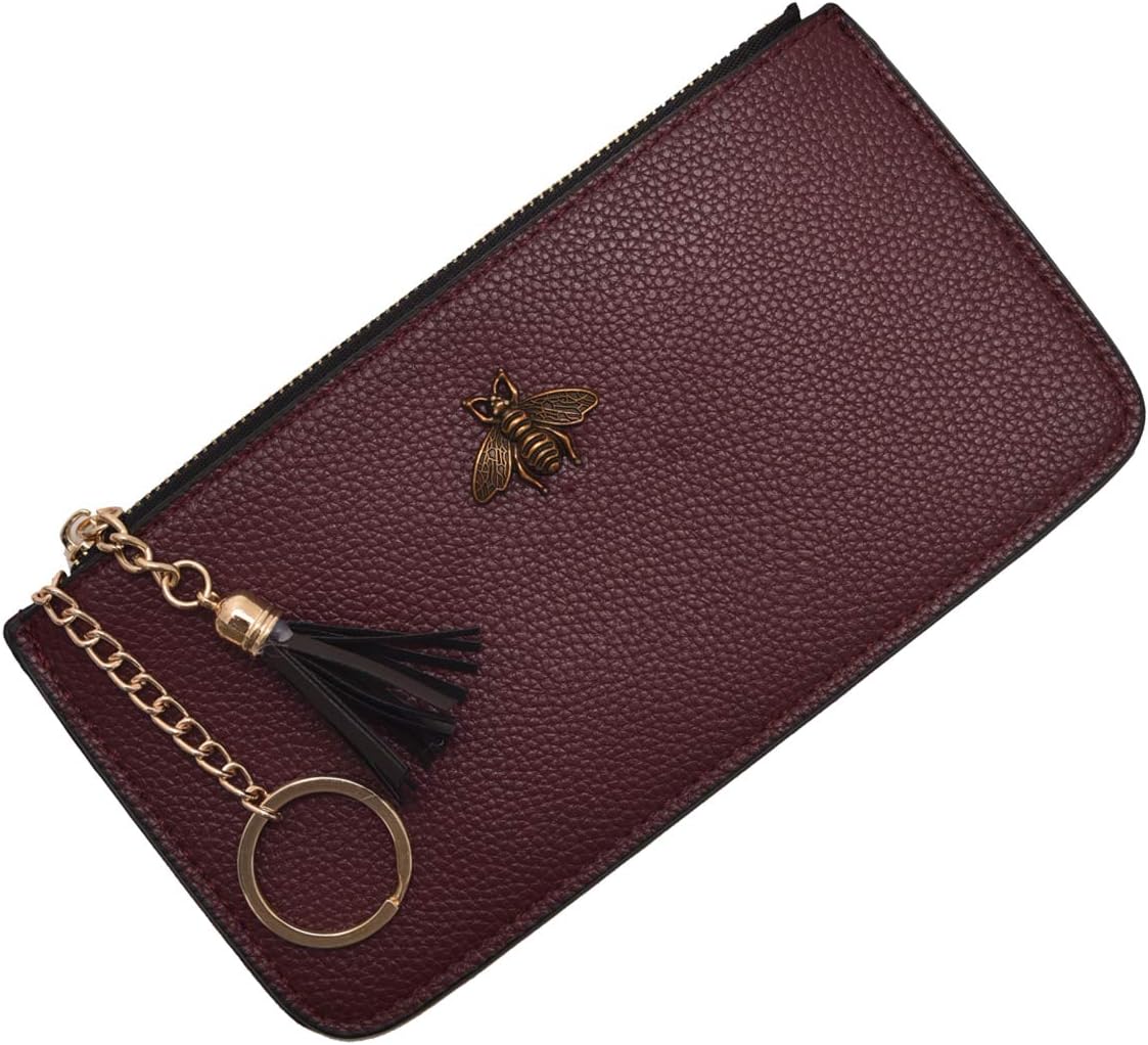 Women Phone Purse Change Wallet Long Coin Pouch Card Holder Clutch with Key Chain Ring Tassel Zip (Burgundy)
