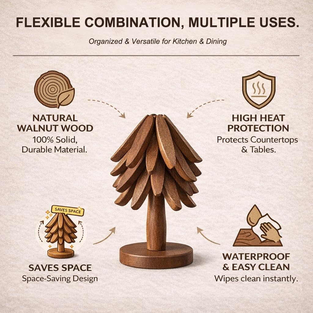 Wooden Trivets for Hot Dishes, Foldable Tree Trivet Set with Stand, 4-Layer Walnut Wood Trivet for Pots, Pans, Coffee & Teapot, Space Saving Table Protector for RV, Decorative Kitchen Decor & Gift