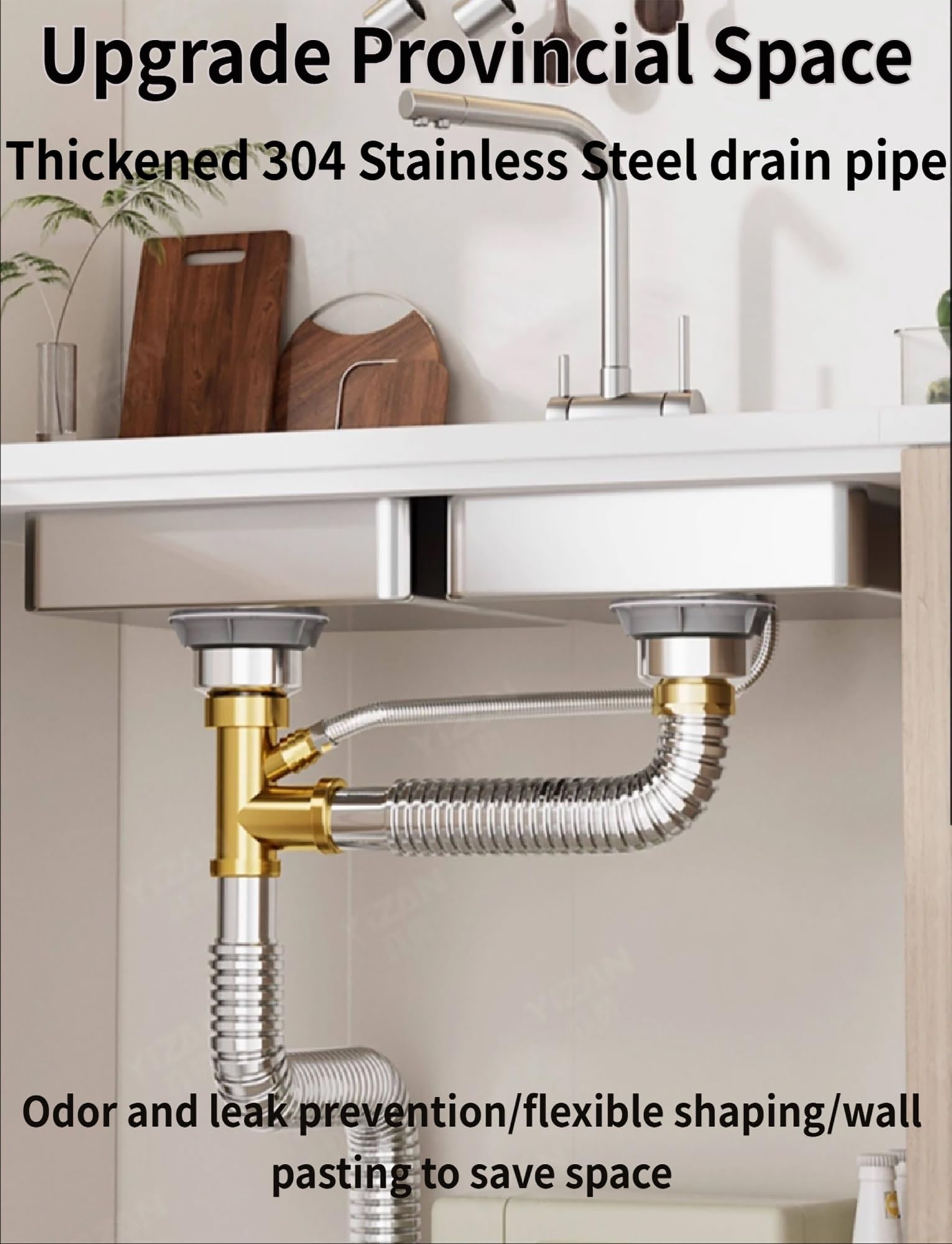 Kit di scarico universale for lavello in acciaio inox con troppopieno, sifone a P flessibile e tubo di scarico prolunga, gruppo completo di scarico for lavello da cucina(60cm-23.6In)