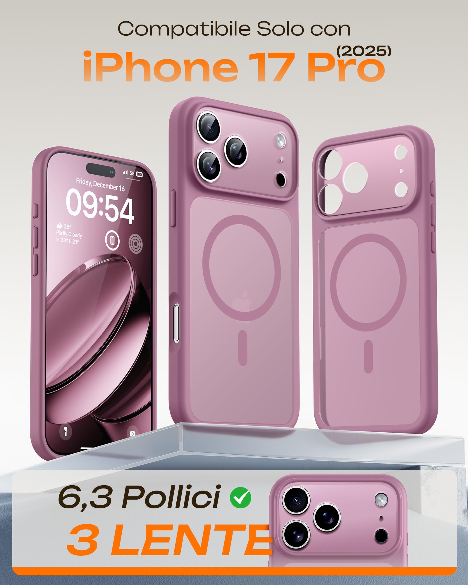 TOCOL Cover Magnetica per iPhone 17 Pro 6,3 Pollic, Compatibile con MagSafe, Anello Magnetico Incorporato, Protezione Fotocamera Integrata, Custodia Antiurto Traslucida Opaca, Lilla Viola