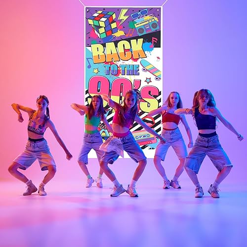 Miniatura 6 de Cartel de puerta con temática de los años 90 para decoraciones de fiestas de los 90, telón de fondo retro de los años 90 para sesión de fotos,