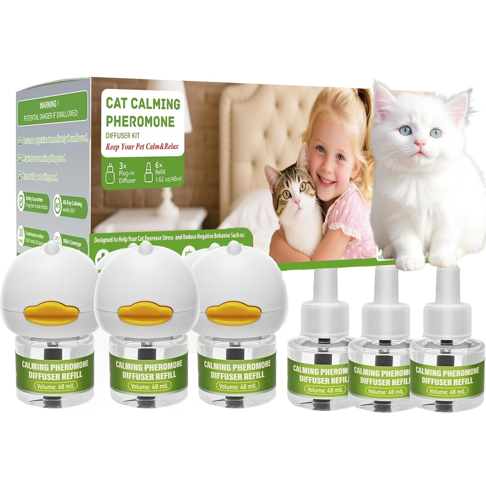 Flovintrek 9 Pack Cat Calming Pheromone Diffuser Refills Kit - 3 Plug-Ins & 6 Refills (48mL Each), 180-Day Continuous Stress Reduction & Aggression Control for Cats