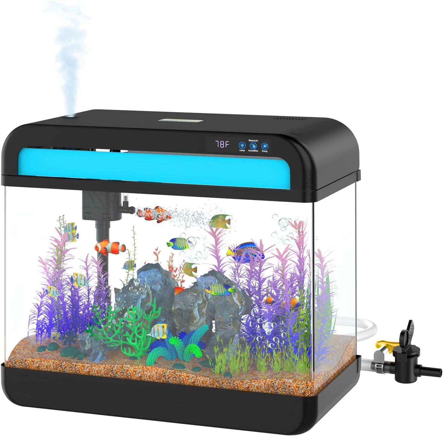Fish Tank Aquarium 6.3 Gallon with Music Humidifier 7 Color Auto-Looping Light Adjustable Pump with Filtration & Aeration & Circulation, Temperature Display, Bottom Water Changer, HD Glass